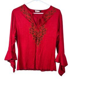 VTG 90s L.A. Movers Faux Suede Floral Printed Bell Sleeve Tunic Size XL Boho